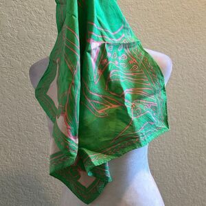 Tory Burch Silk Square Scarf Kelly Green & Pink Abstract Preppy Beachy 18x18